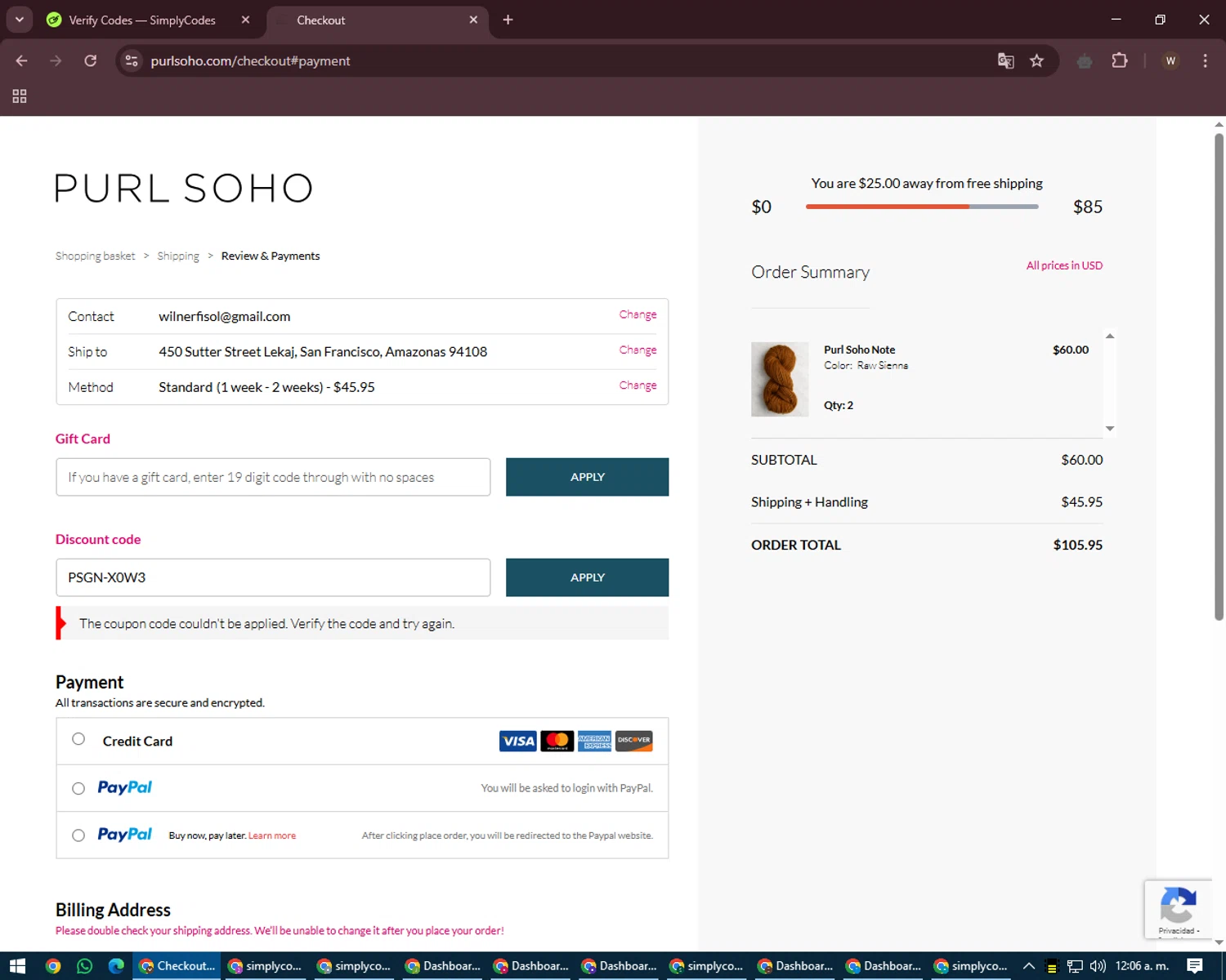 Purl Soho checkout page showing Purl Soho discount code box | Screenshot taken by SimplyCodes community member on Mar 23, 2025