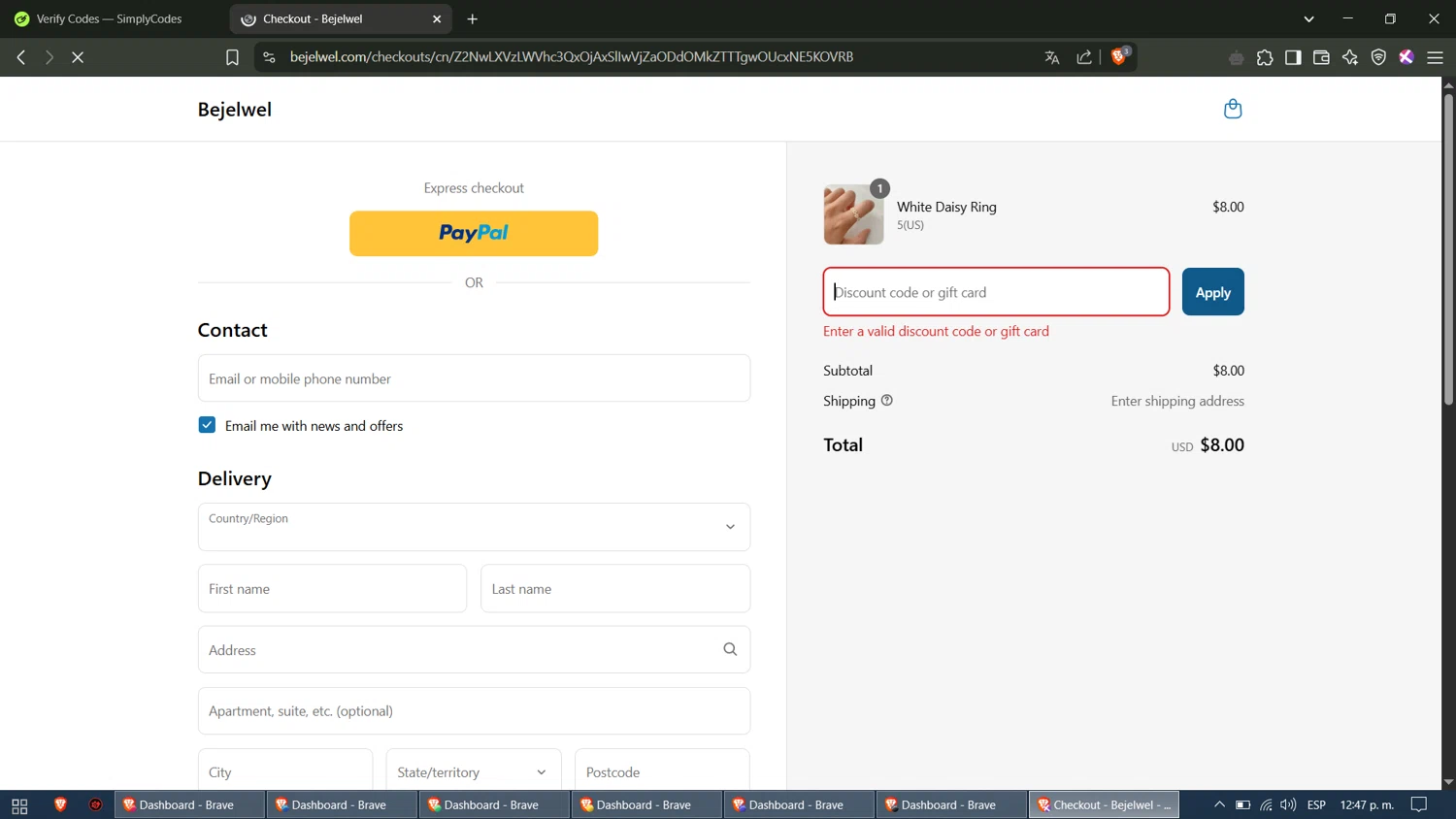 Purl Soho discount code screenshot showing code 25%OFF applied at Purl Soho checkout page. Uploaded by SimplyCodes community member bombardeen_vzla on Apr 8, 2025
