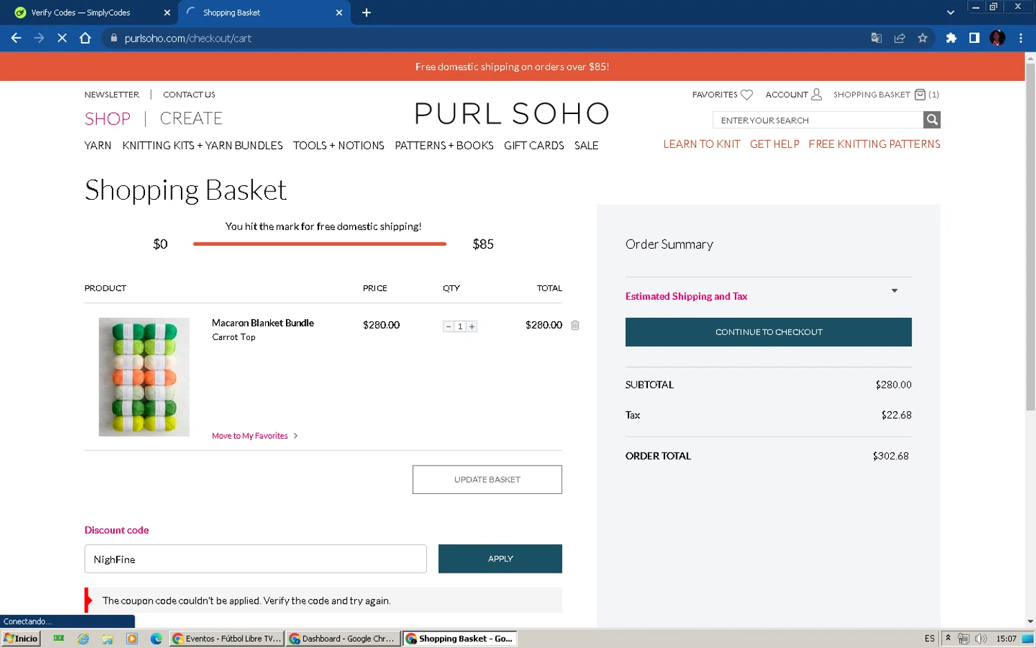 Purl Soho discount code screenshot showing code NighFine applied at Purl Soho checkout page. Uploaded by SimplyCodes community member Allen_Iverson on Jun 9, 2025