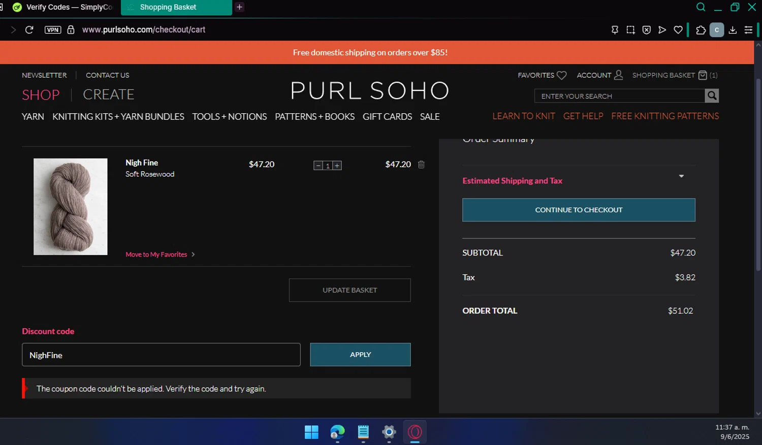Purl Soho discount code screenshot showing code NighFine applied at Purl Soho checkout page. Uploaded by SimplyCodes community member chepipi on Jun 9, 2025