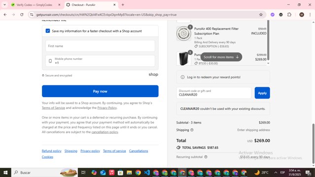PuroAir checkout page showing PuroAir discount code box | Screenshot taken by SimplyCodes community member on Aug 31, 2025