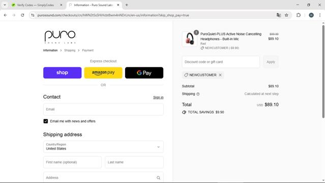 Puro Sound checkout page showing Puro Sound coupon code box | Screenshot taken by SimplyCodes community member on Sep 12, 2025