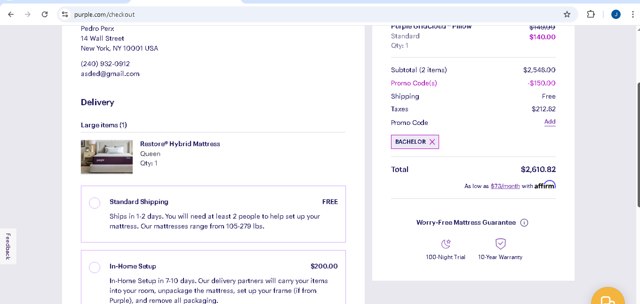 Purple Mattress checkout page showing Purple Mattress promo code box | Screenshot taken by SimplyCodes community member on Aug 11, 2025