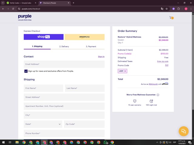 Purple Mattress checkout page showing Purple Mattress promo code box | Screenshot taken by SimplyCodes community member on Aug 13, 2025