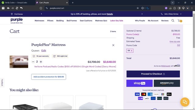 Purple Mattress checkout page showing Purple Mattress promo code box | Screenshot taken by SimplyCodes community member on Aug 21, 2025