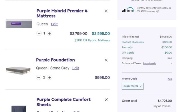 Purple checkout page showing Purple promo code box | Screenshot taken by SimplyCodes community member on Apr 15, 2022