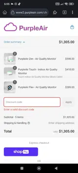PURPLEAIR10 coupon verification screenshot