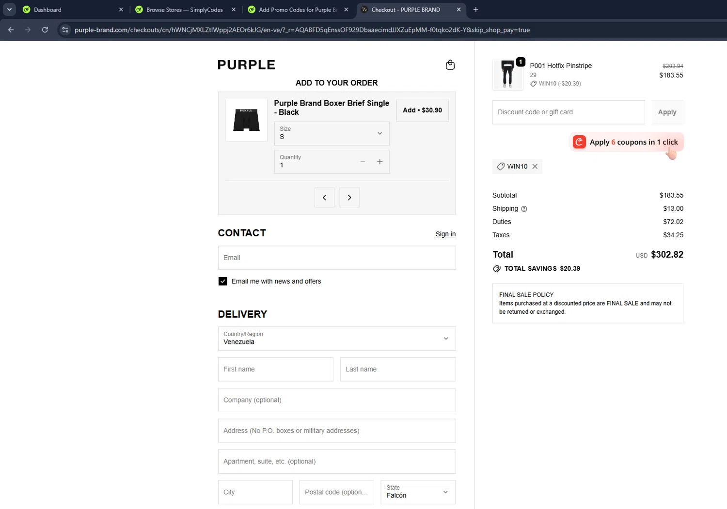 Purple Brand promo code screenshot showing code WIN10 applied at Purple Brand checkout page. Uploaded by SimplyCodes community member VictoriousCaptain3902 on Jun 9, 2026