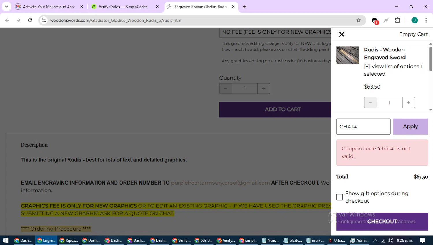 Purpleheart Armoury coupon code screenshot showing code CHAT4 applied at Purpleheart Armoury checkout page. Uploaded by SimplyCodes community member SavvyCurator1770 on Aug 20, 2025