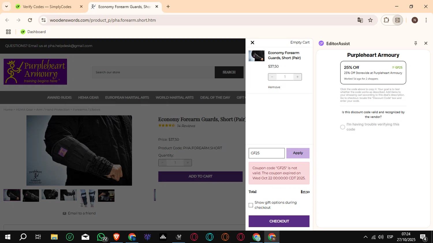 Purpleheart Armoury coupon code screenshot showing code GF25 applied at Purpleheart Armoury checkout page. Uploaded by SimplyCodes community member Crchirino1 on Oct 27, 2025