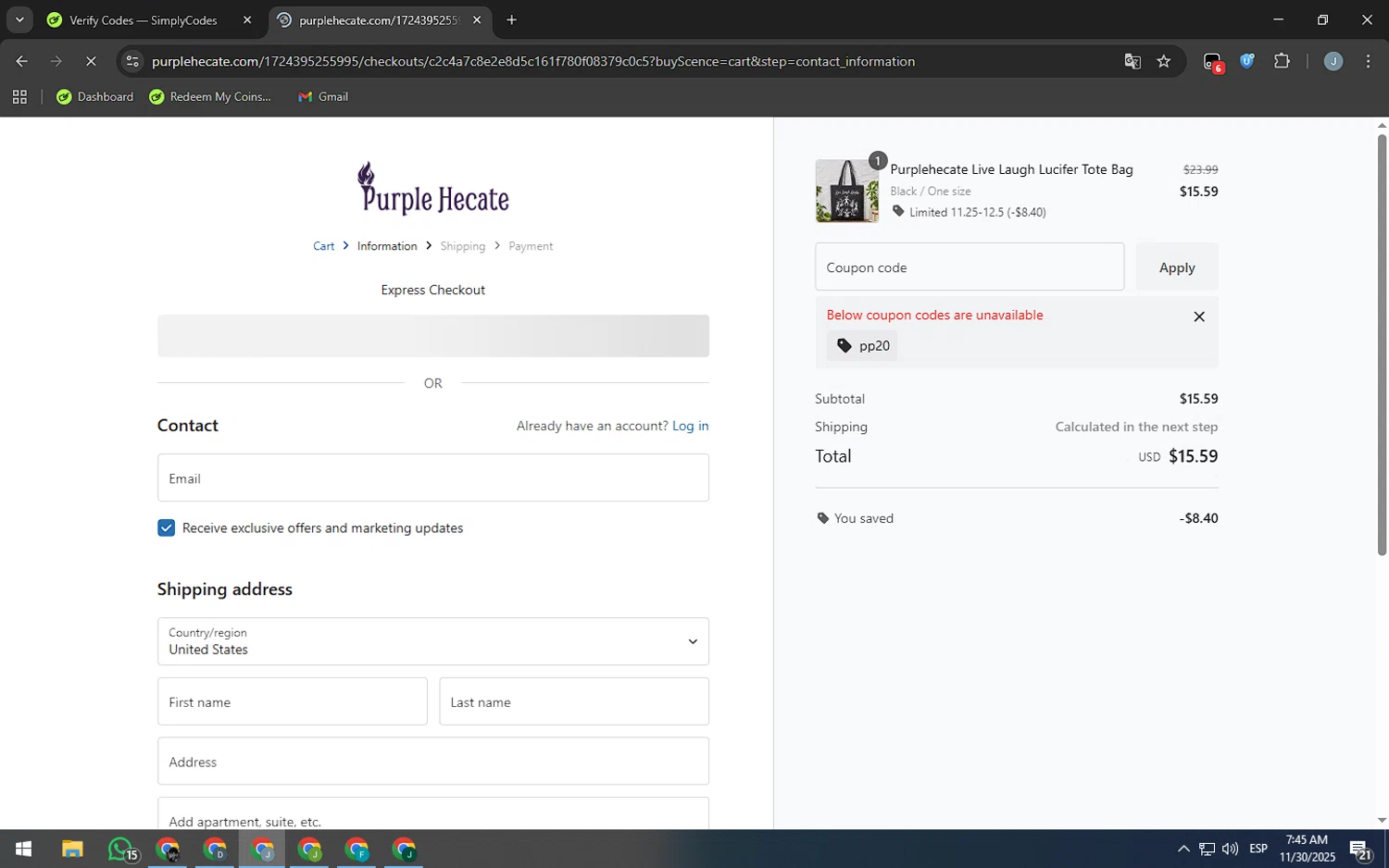Purplehecate promo code screenshot showing code PP20 applied at Purplehecate checkout page. Uploaded by SimplyCodes community member MarkGrayson on Nov 30, 2025