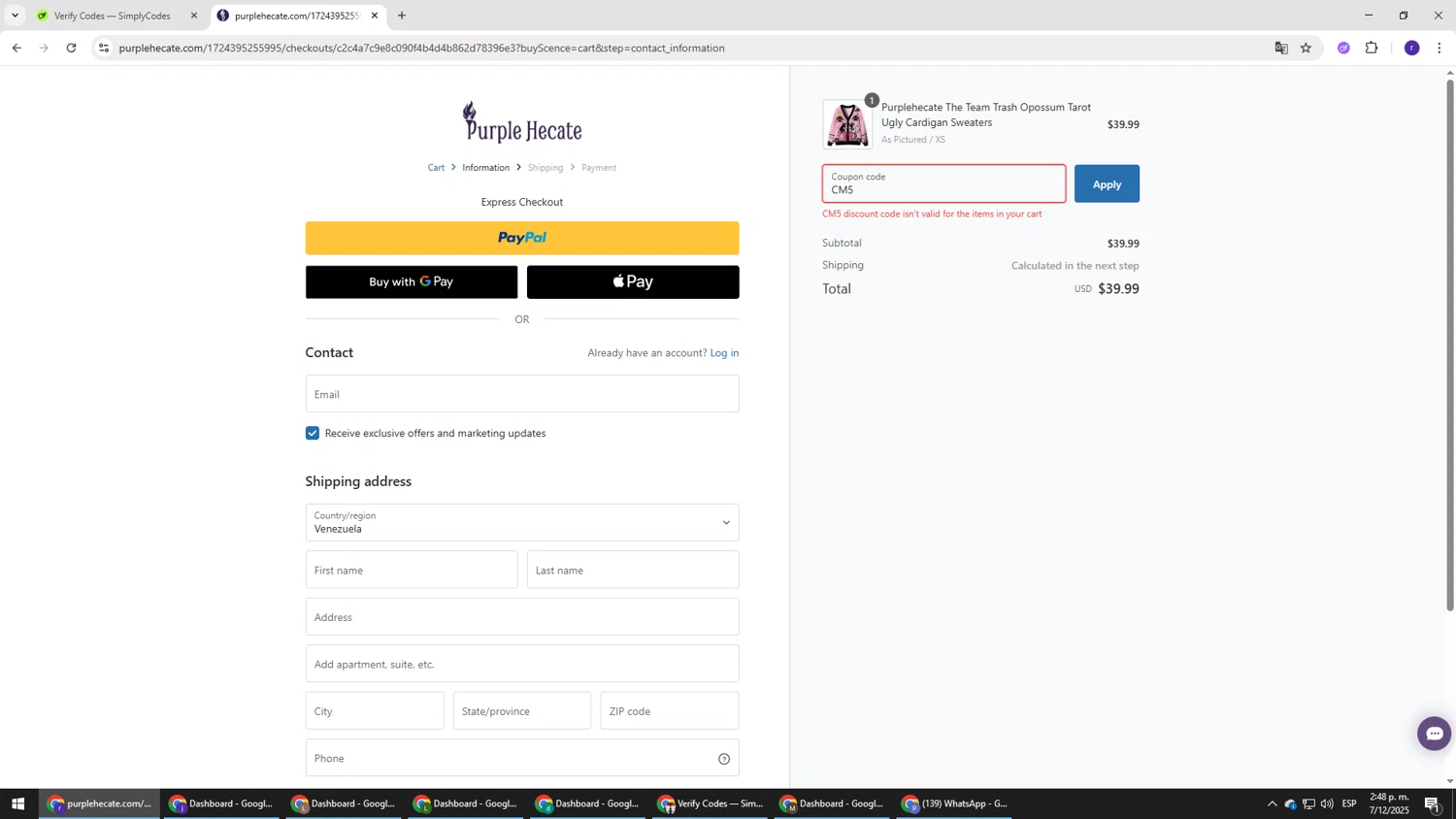 Purplehecate promo code screenshot showing code CM5 applied at Purplehecate checkout page. Uploaded by SimplyCodes community member AberthGotopo on Dec 7, 2025