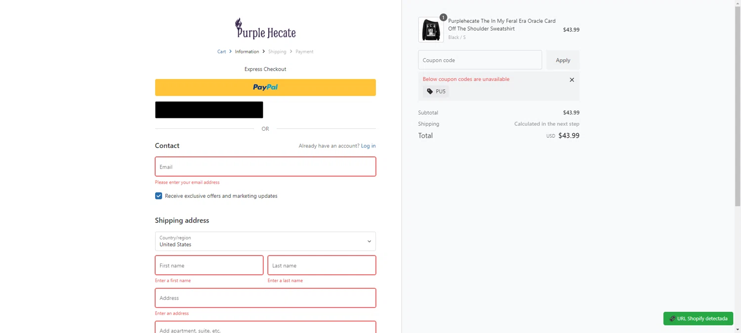 Purplehecate checkout page showing Purplehecate promo code box | Screenshot taken by SimplyCodes community member on Dec 14, 2025