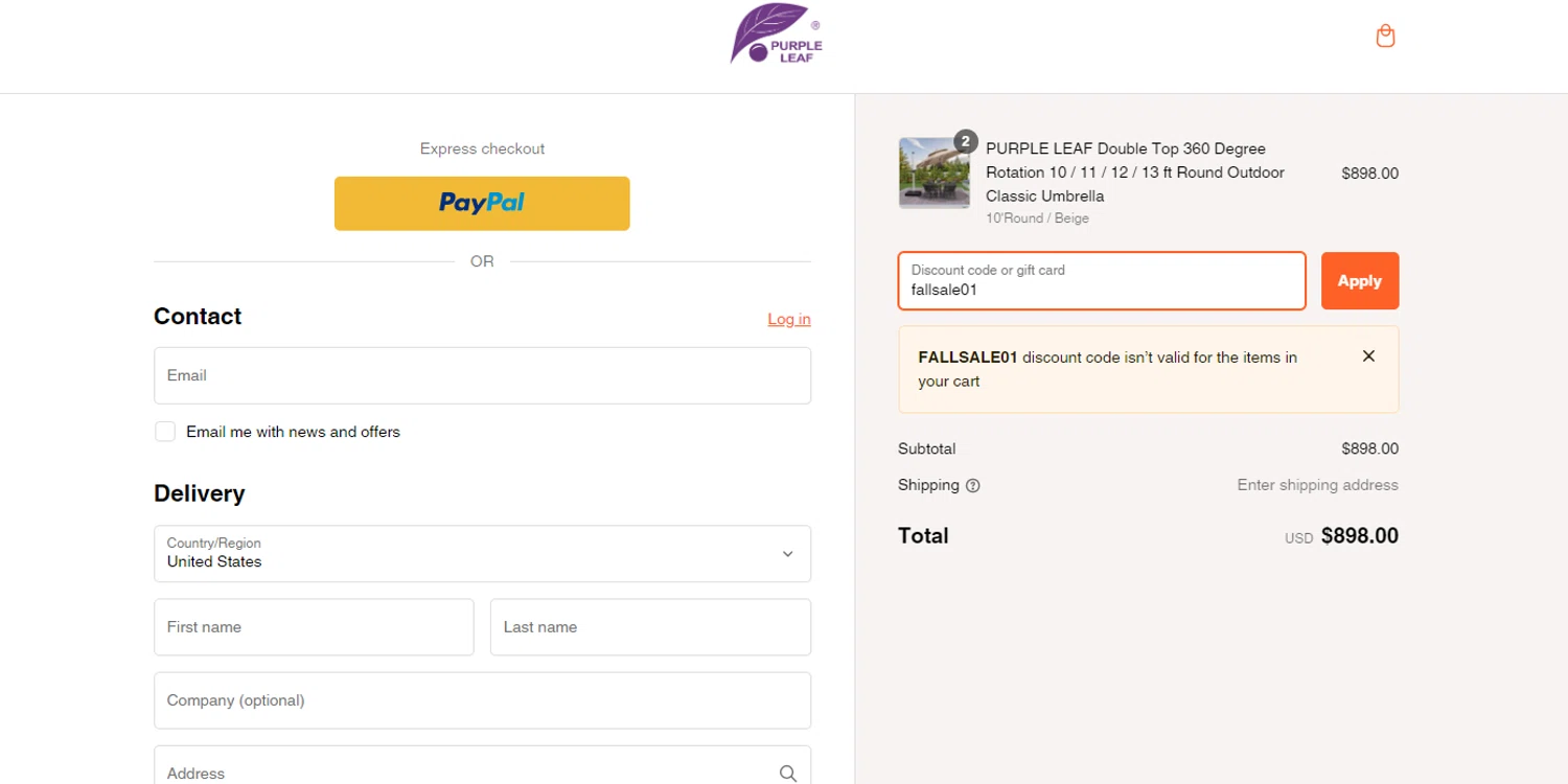 where to use Purple Leaf promo code box