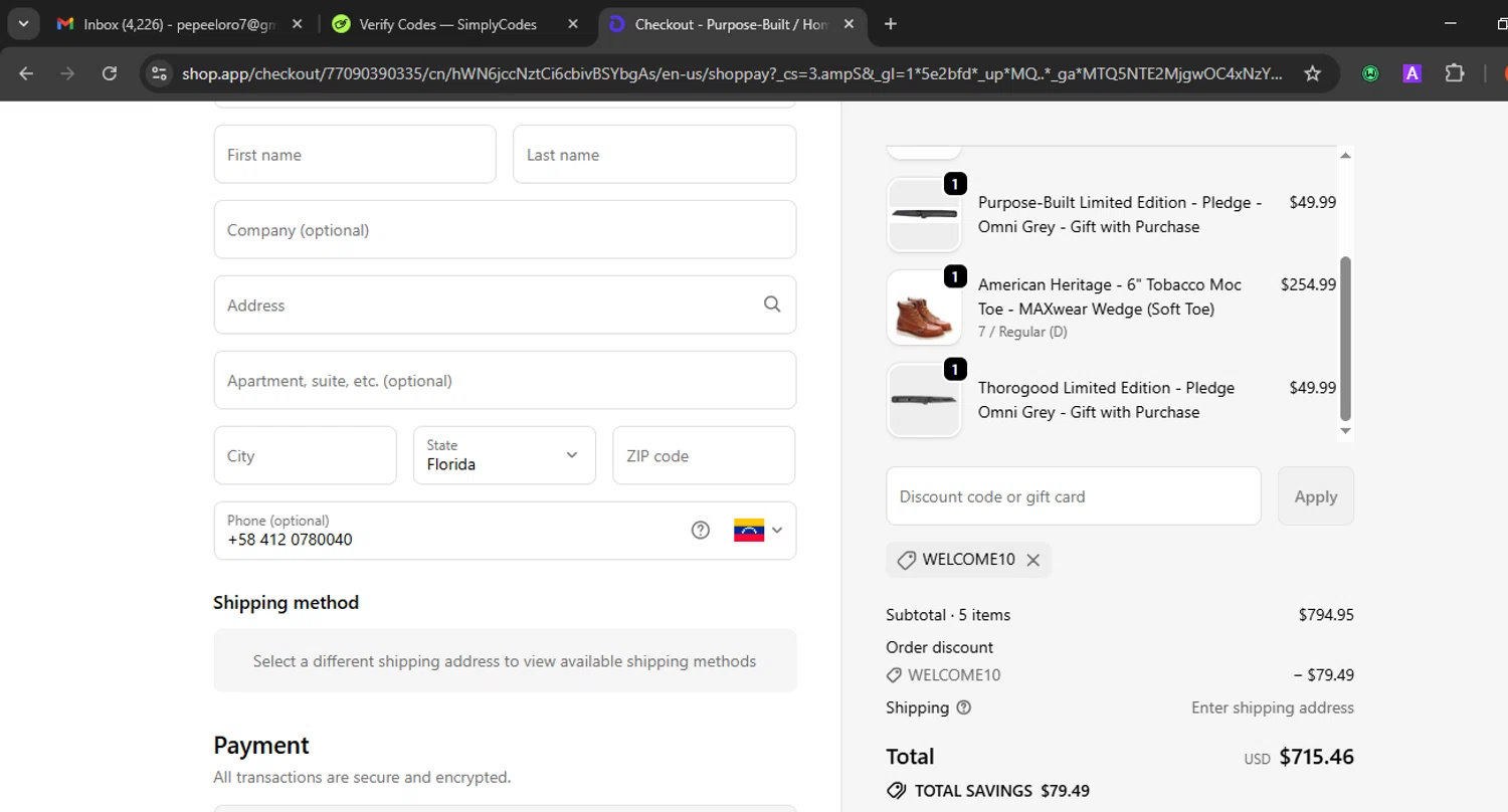 Purpose-Built Trade Co. promo code screenshot showing code welcome10 applied at Purpose-Built Trade Co. checkout page. Uploaded by SimplyCodes community member Eminem on Dec 22, 2025