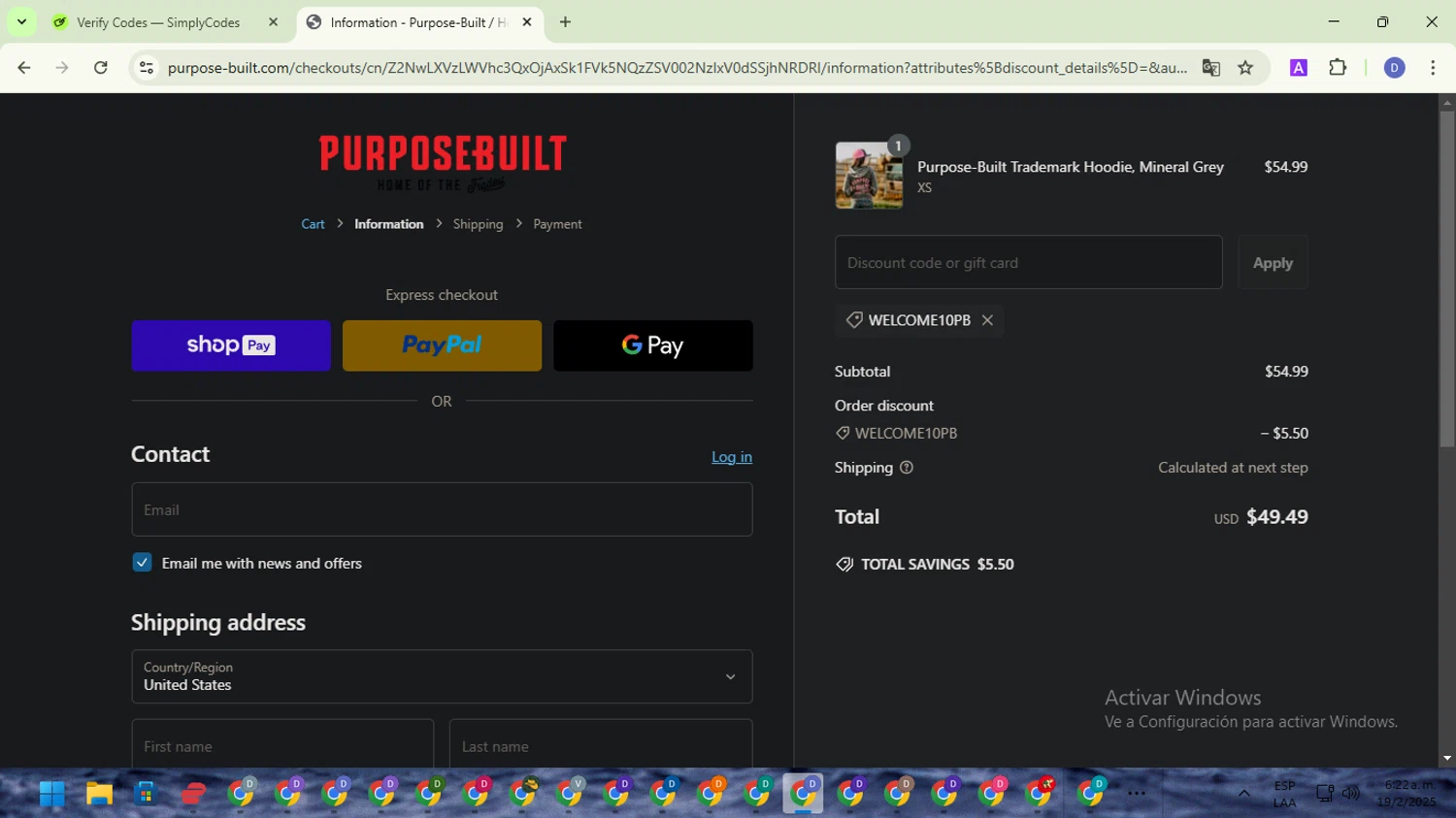 Purpose-Built Trade Co. promo code screenshot showing code WELCOME10PB applied at Purpose-Built Trade Co. checkout page. Uploaded by SimplyCodes community member VoucherTitan8325 on Feb 19, 2025