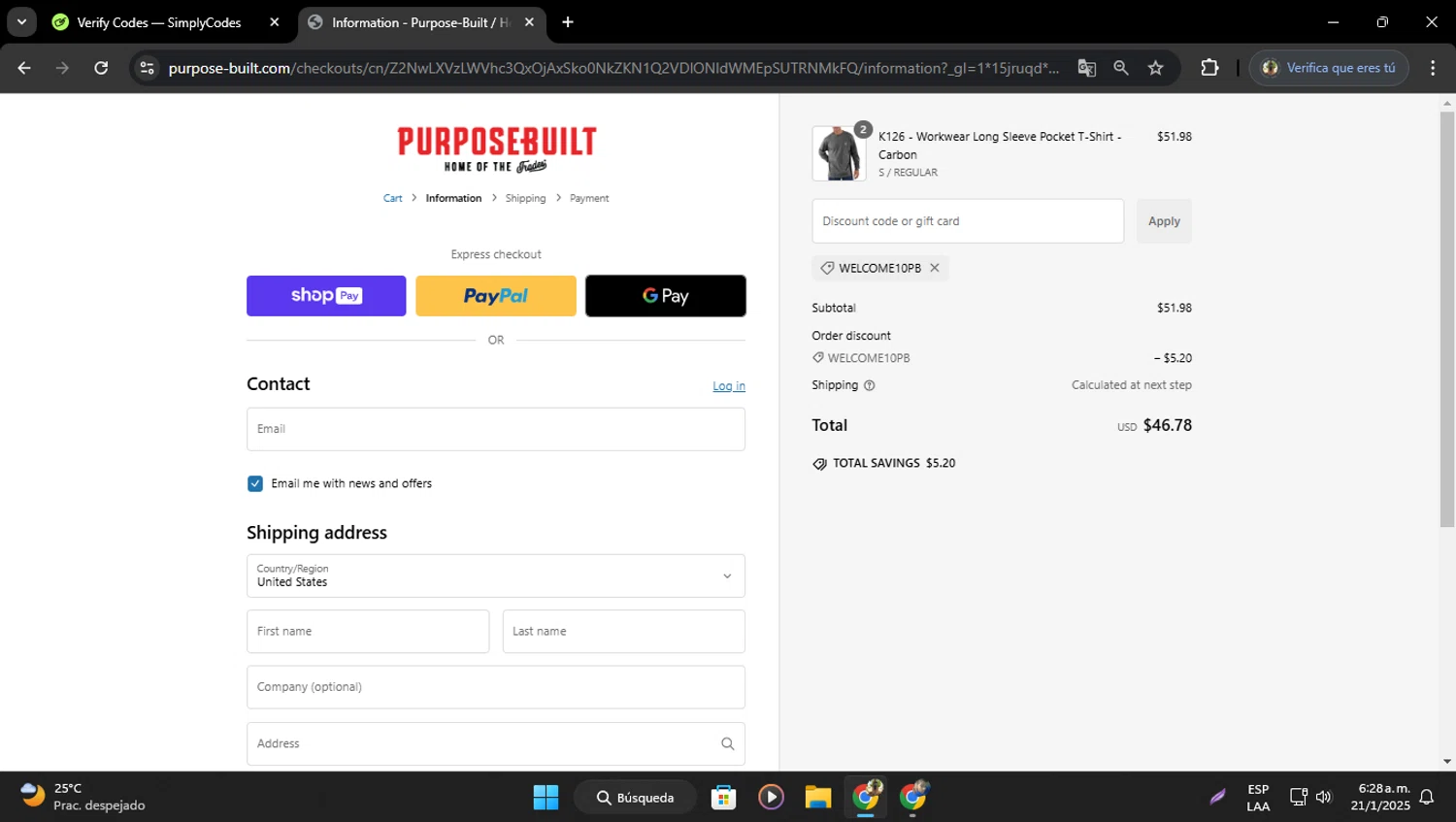Purpose-Built Trade Co. promo code screenshot showing code WELCOME10PB applied at Purpose-Built Trade Co. checkout page. Uploaded by SimplyCodes community member ELVERDEDESAMP on Jan 21, 2025