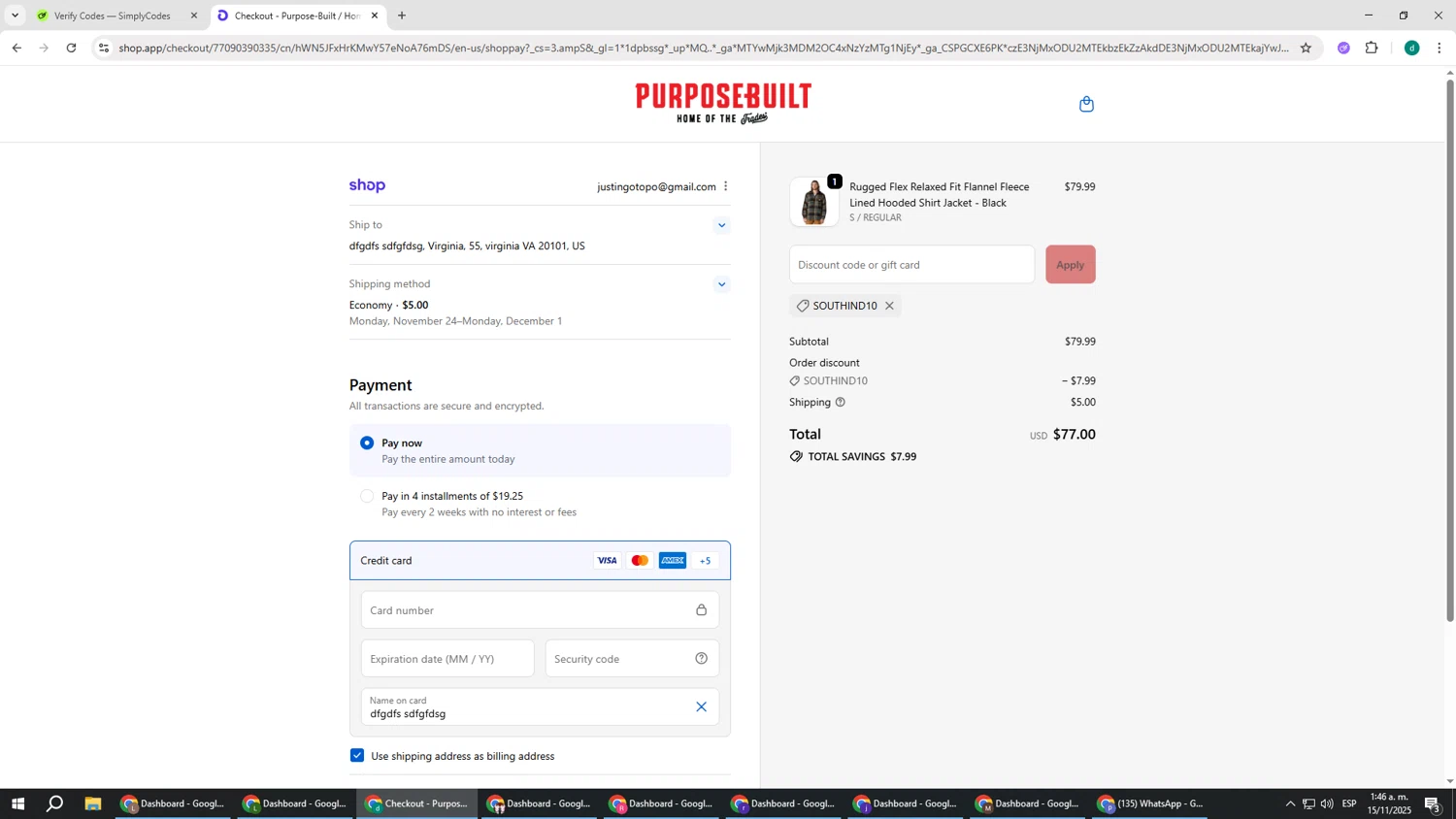 Purpose-Built Trade Co. promo code screenshot showing code SOUTHIND10 applied at Purpose-Built Trade Co. checkout page. Uploaded by SimplyCodes community member HEROESCUDA on Nov 15, 2025