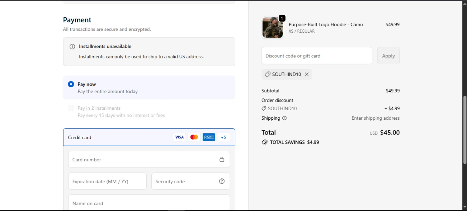 Purpose-Built Trade Co. promo code screenshot showing code SOUTHIND10 applied at Purpose-Built Trade Co. checkout page. Uploaded by SimplyCodes community member noworries on Oct 19, 2025