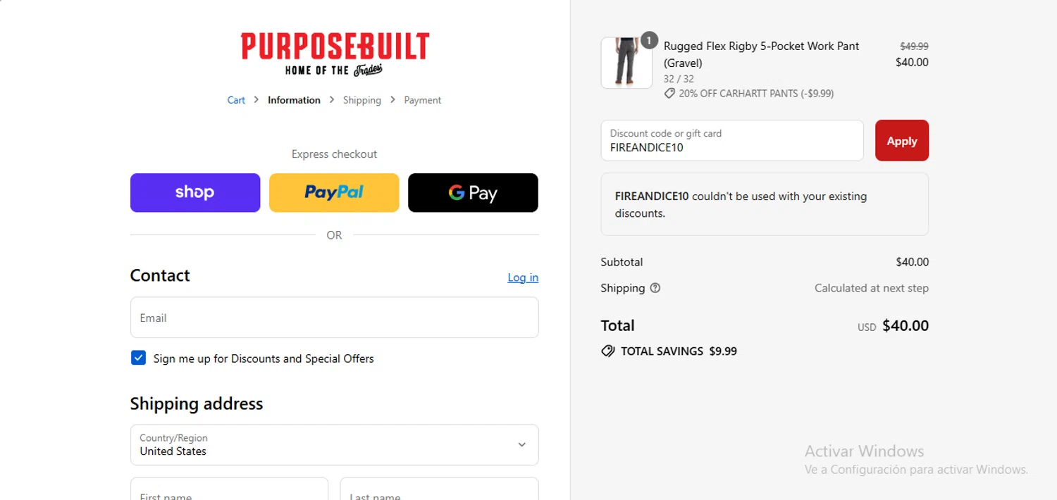 Purpose-Built Trade Co. promo code screenshot showing code FIREANDICE10 applied at Purpose-Built Trade Co. checkout page. Uploaded by SimplyCodes community member RewardLynx9164 on Sep 8, 2025