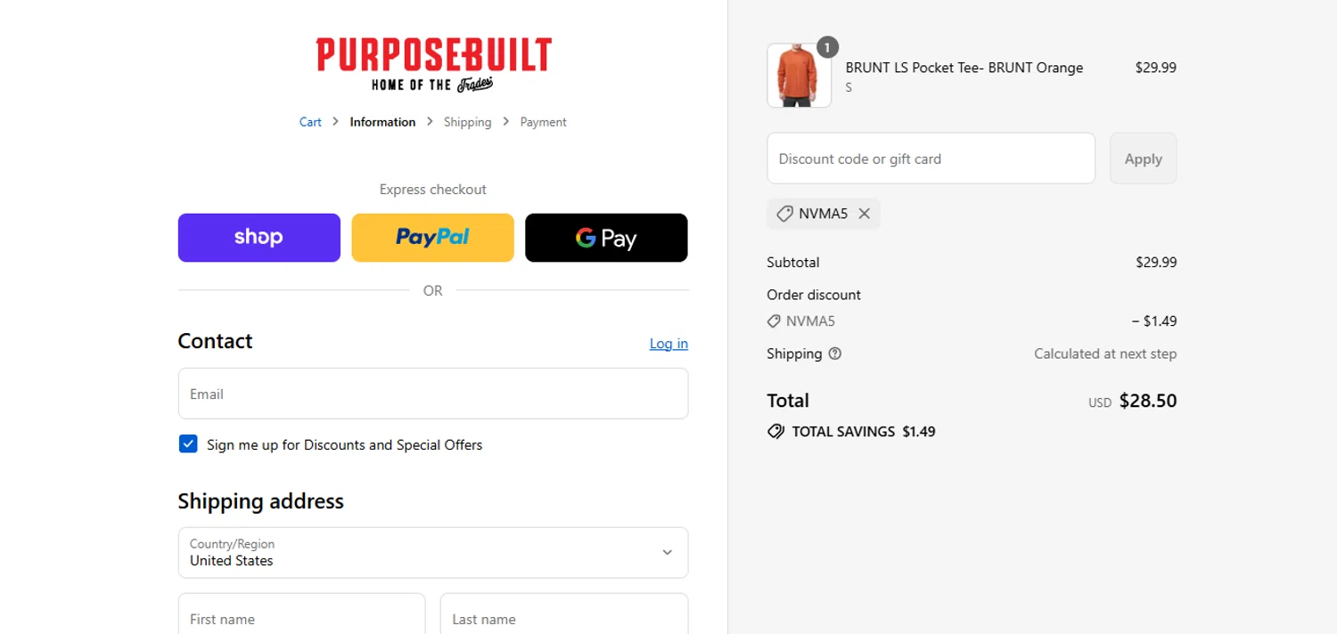 Purpose-Built Trade Co. promo code screenshot showing code NVMA5 applied at Purpose-Built Trade Co. checkout page. Uploaded by SimplyCodes community member ylenisjordan on Sep 3, 2025