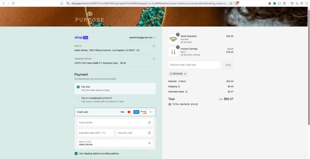 Purpose Jewelry checkout page showing Purpose Jewelry discount code box | Screenshot taken by SimplyCodes community member on Jul 30, 2025