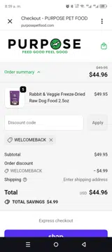 Purpose Pet Food coupon verification screenshot