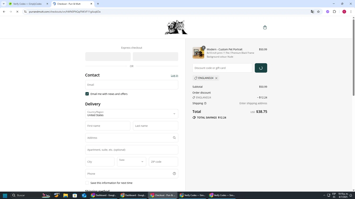 Purr & Mutt discount code screenshot showing code ENGLAND24 applied at Purr & Mutt checkout page. Uploaded by SimplyCodes community member TOROREX250 on Jul 9, 2025