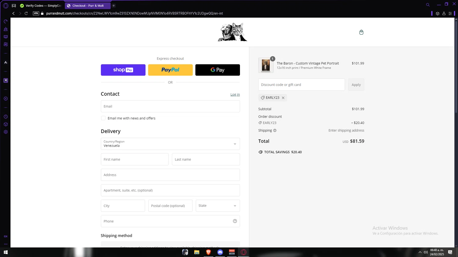 Purr & Mutt discount code screenshot showing code EARLY23 applied at Purr & Mutt checkout page. Uploaded by SimplyCodes community member Anzeer on Feb 24, 2025