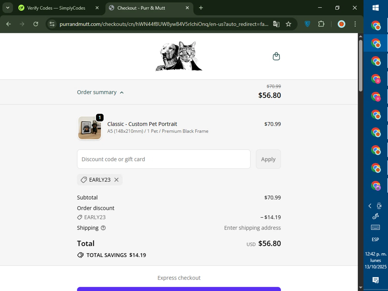 Purr & Mutt discount code screenshot showing code EARLY23 applied at Purr & Mutt checkout page. Uploaded by SimplyCodes community member DealTiger9869 on Oct 13, 2025