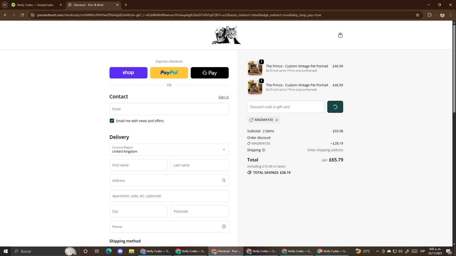 Purr & Mutt discount code screenshot showing code MADMAY30 applied at Purr & Mutt checkout page. Uploaded by SimplyCodes community member El_mynor on Nov 23, 2025