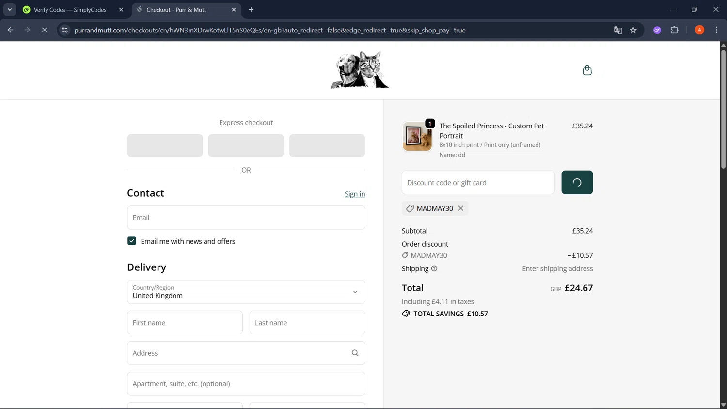 Purr & Mutt discount code screenshot showing code MADMAY30 applied at Purr & Mutt checkout page. Uploaded by SimplyCodes community member GoldChaser2970 on Oct 5, 2025