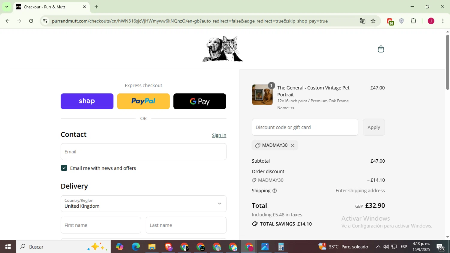 Purr & Mutt discount code screenshot showing code MADMAY30 applied at Purr & Mutt checkout page. Uploaded by SimplyCodes community member MoneyScholar5687 on Sep 15, 2025