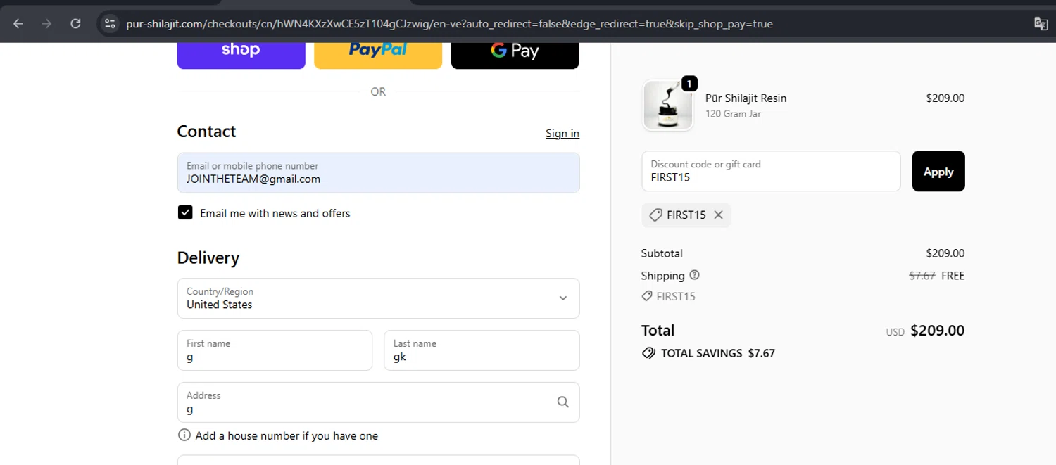 Pür Shilajit promo code screenshot showing code FIRST15 applied at Pür Shilajit checkout page. Uploaded by SimplyCodes community member Mulan5674851292422 on Oct 20, 2025