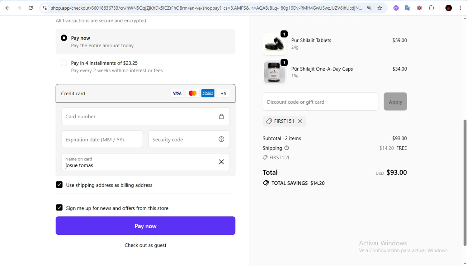 Pür Shilajit promo code screenshot showing code FIRST151 applied at Pür Shilajit checkout page. Uploaded by SimplyCodes community member Francisco01 on Nov 18, 2025