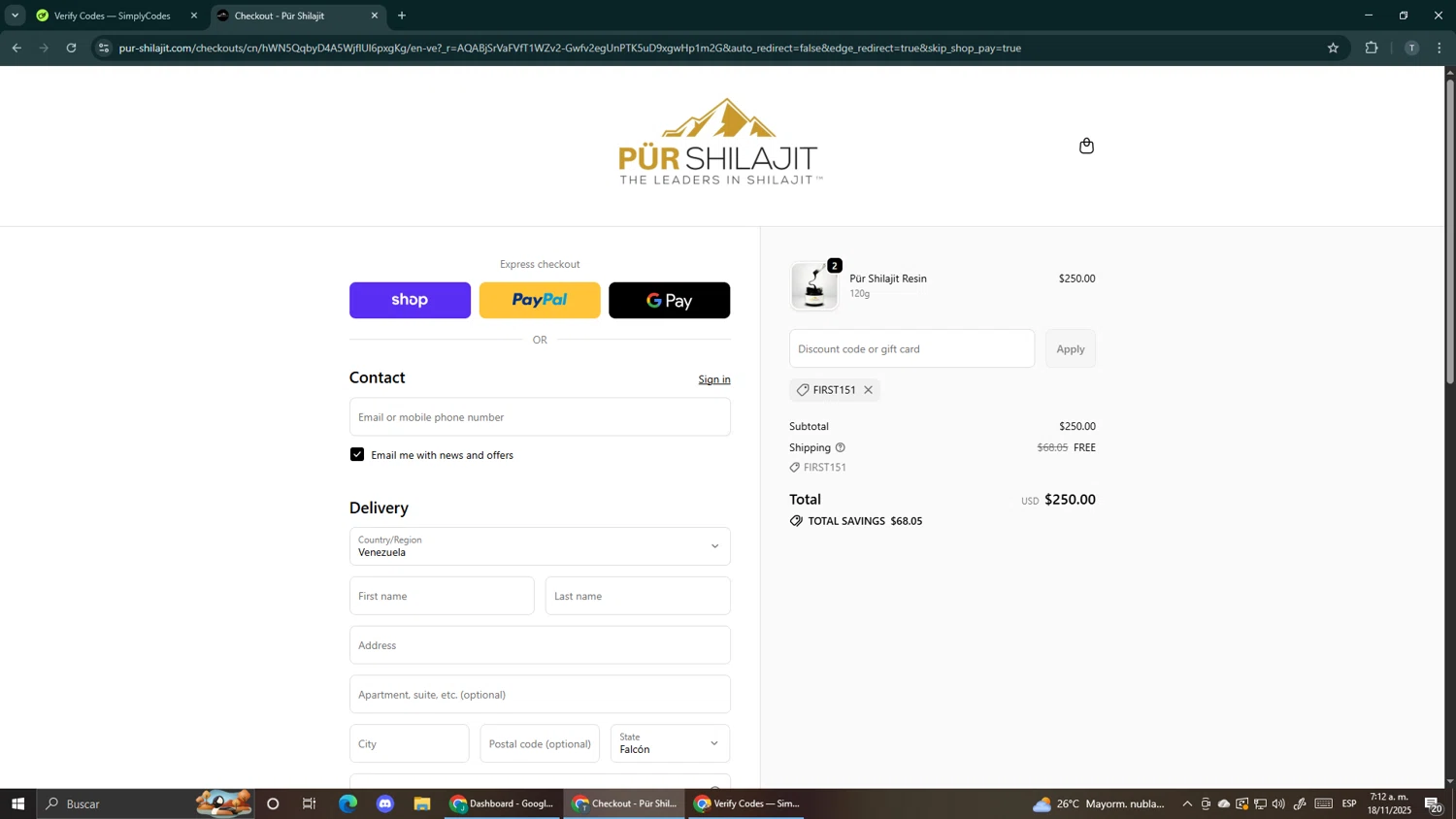 Pür Shilajit promo code screenshot showing code FIRST151 applied at Pür Shilajit checkout page. Uploaded by SimplyCodes community member Makemusic on Nov 18, 2025