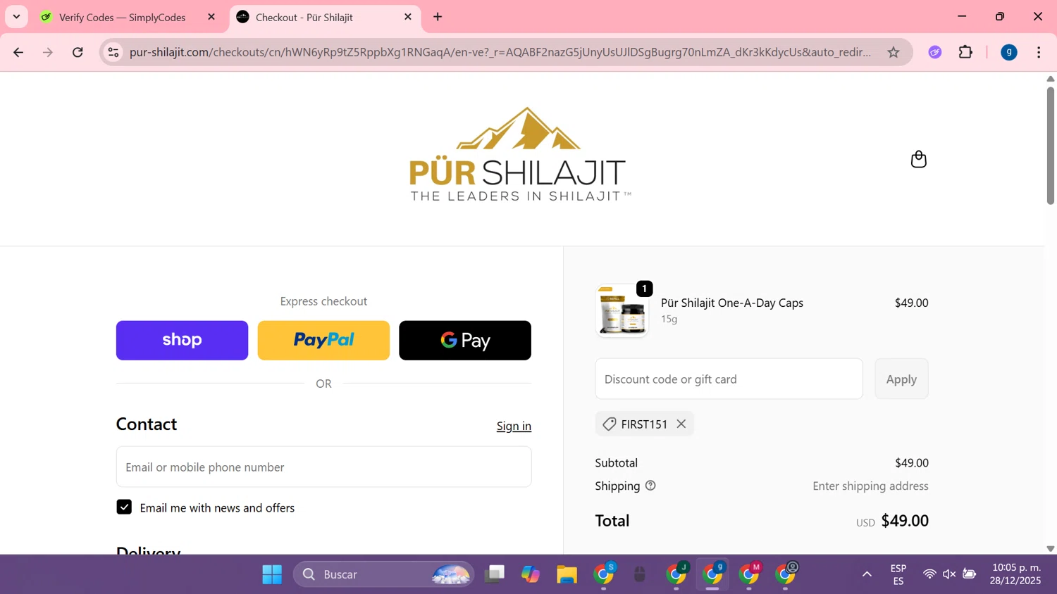 Pür Shilajit promo code screenshot showing code FIRST151 applied at Pür Shilajit checkout page. Uploaded by SimplyCodes community member MoneyTiger7289 on Dec 29, 2025
