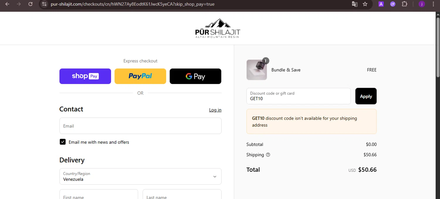Pür Shilajit promo code screenshot showing code GET10 applied at Pür Shilajit checkout page. Uploaded by SimplyCodes community member CoinMaverick1452 on Aug 23, 2025