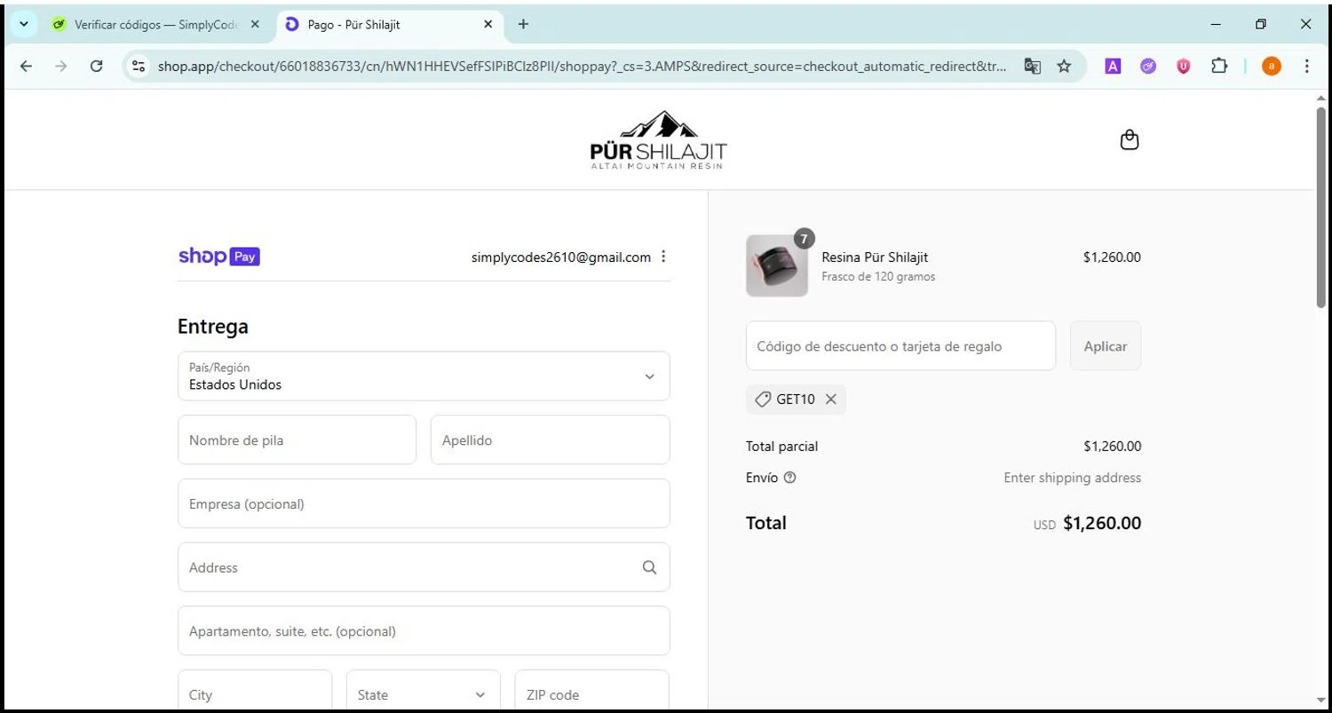 Pür Shilajit promo code screenshot showing code GET10 applied at Pür Shilajit checkout page. Uploaded by SimplyCodes community member David81 on Aug 1, 2025