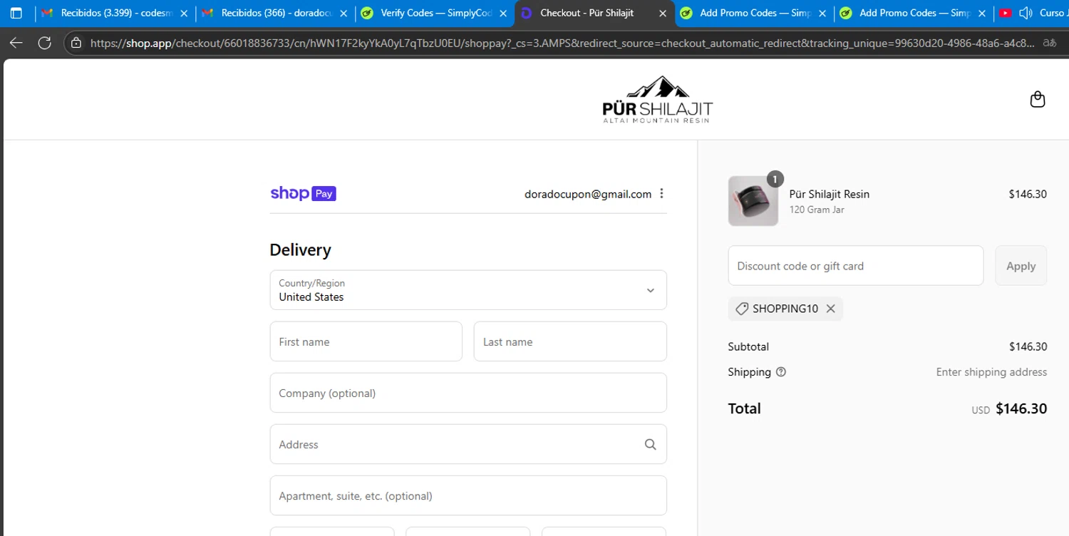 Pür Shilajit promo code screenshot showing code SHOPPING10 applied at Pür Shilajit checkout page. Uploaded by SimplyCodes community member Mdeoca on Jul 27, 2025