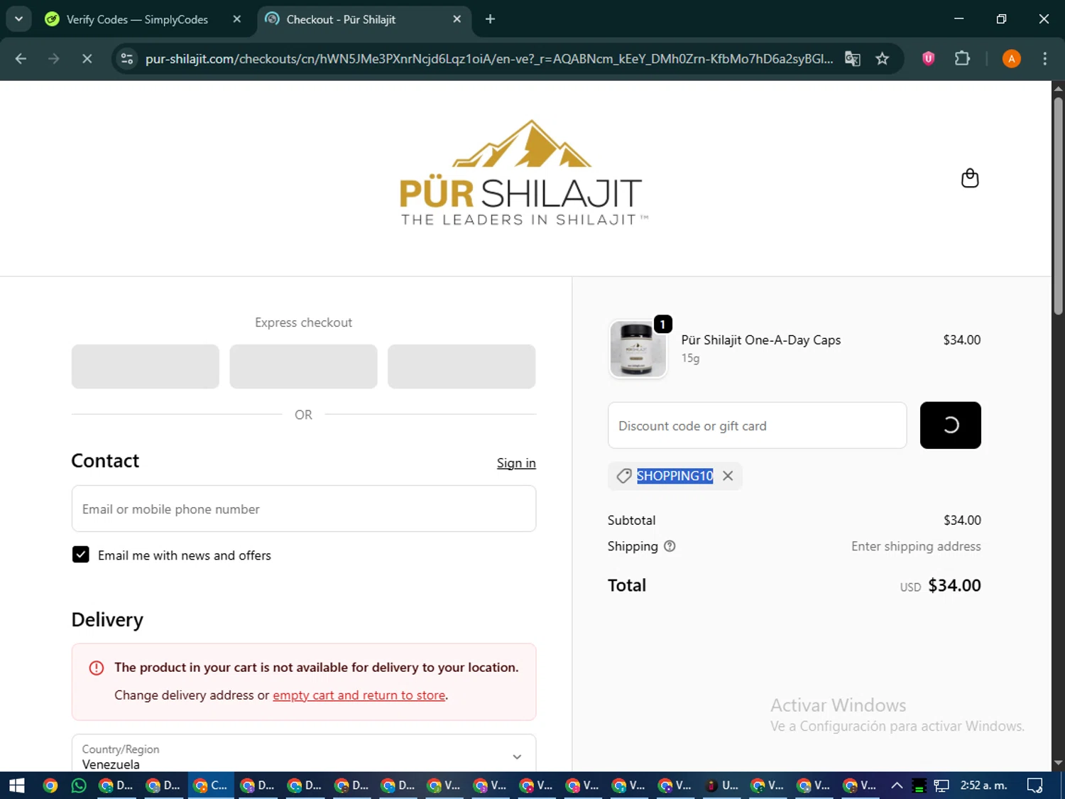 Pür Shilajit promo code screenshot showing code SHOPPING10 applied at Pür Shilajit checkout page. Uploaded by SimplyCodes community member MoneyPhoenix4664 on Nov 15, 2025