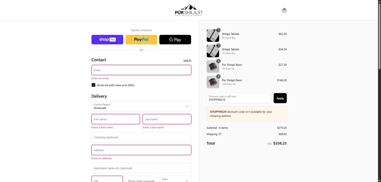 Pür Shilajit promo code screenshot showing code SHOPPING10 applied at Pür Shilajit checkout page. Uploaded by SimplyCodes community member VoucherVirtuoso5207 on Jul 10, 2025