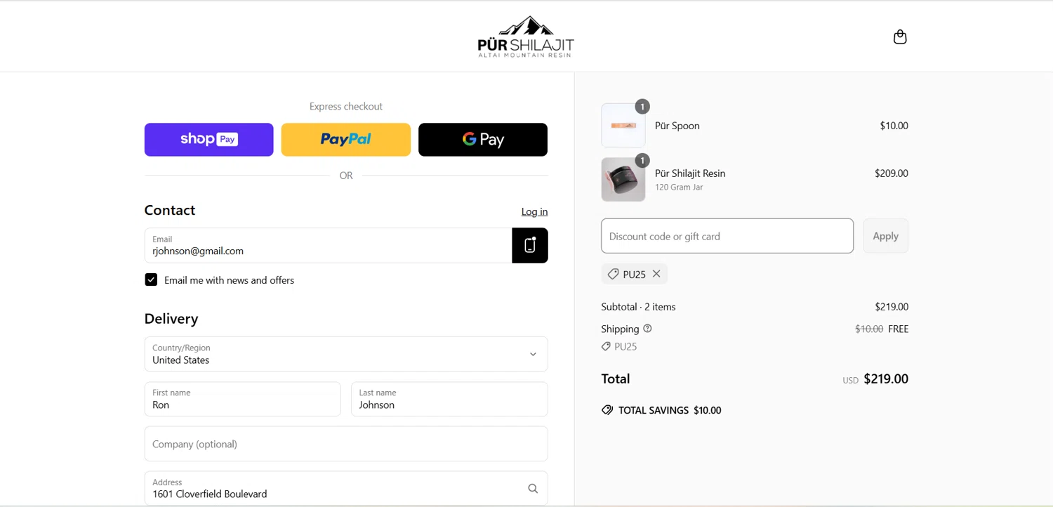 Pür Shilajit promo code screenshot showing code PU25 applied at Pür Shilajit checkout page. Uploaded by SimplyCodes community member HoneyJean on Apr 21, 2025