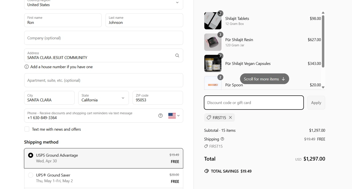 Pür Shilajit promo code screenshot showing code FIRST15 applied at Pür Shilajit checkout page. Uploaded by SimplyCodes community member jade5416625024720 on Apr 20, 2025