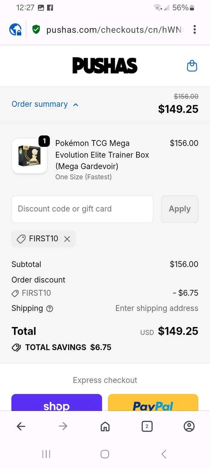 PUSHAS discount code screenshot showing code FIRST10 applied at PUSHAS checkout page. Uploaded by SimplyCodes community member ScanMaverick9378 on Dec 4, 2025
