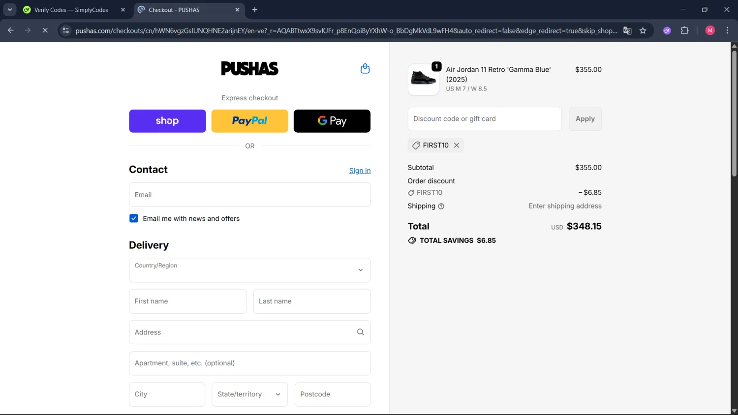 PUSHAS discount code screenshot showing code FIRST10 applied at PUSHAS checkout page. Uploaded by SimplyCodes community member ValueCollector4159 on Dec 27, 2025