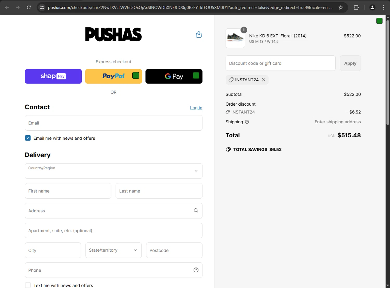 PUSHAS discount code screenshot showing code INSTANT24 applied at PUSHAS checkout page. Uploaded by SimplyCodes community member JakePerrox on Apr 25, 2025