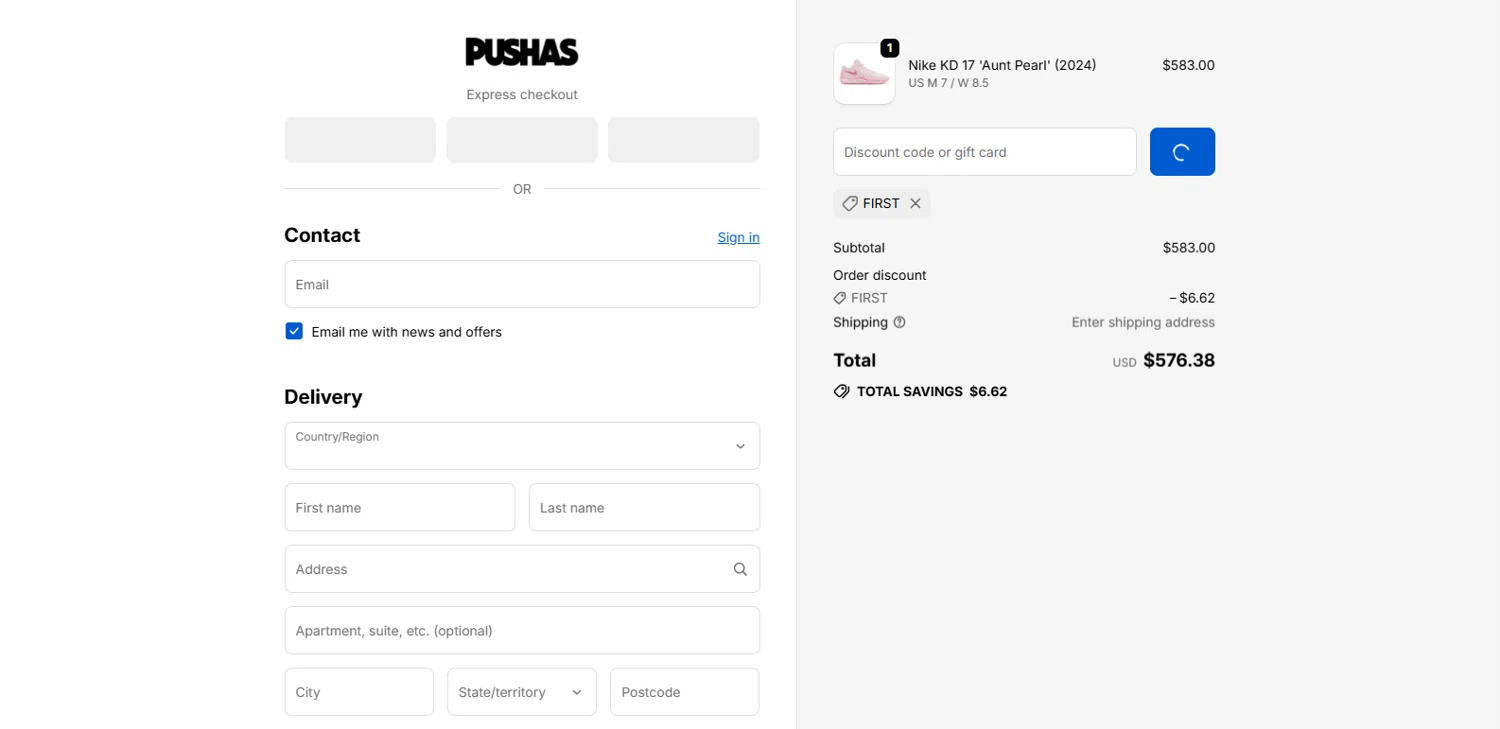 PUSHAS discount code screenshot showing code FIRST applied at PUSHAS checkout page. Uploaded by SimplyCodes community member Alydrop on Nov 19, 2025
