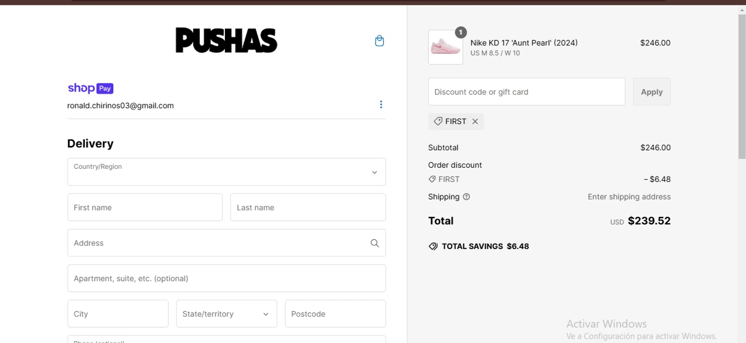 PUSHAS discount code screenshot showing code FIRST applied at PUSHAS checkout page. Uploaded by SimplyCodes community member Ronita_832988044 on Feb 15, 2025