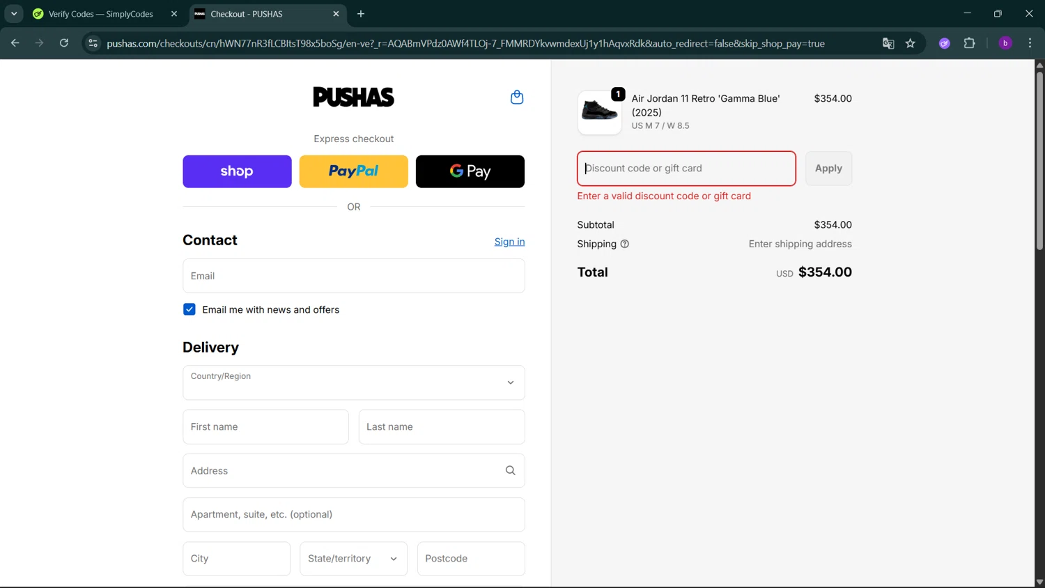 PUSHAS discount code screenshot showing code UGG10 applied at PUSHAS checkout page. Uploaded by SimplyCodes community member RoyalSleuth2430 on Jan 2, 2026